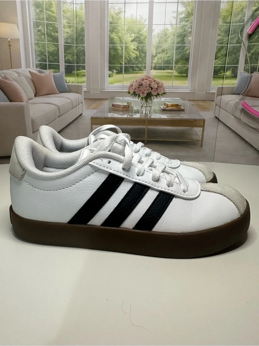 adidas White Sneakers with Black Stripes and Brown Sole
